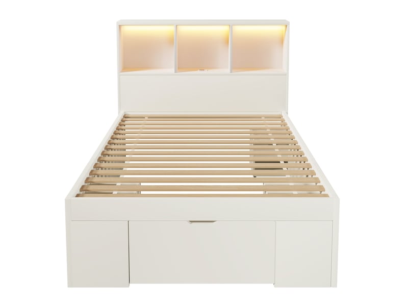 Lit coffre 90x200 cm avec led - charge usb type-c - table de chevet escamotable - tiroirs et étagères - rangement intégré - panneaux de bois - blanc CozyNest - Conforama A