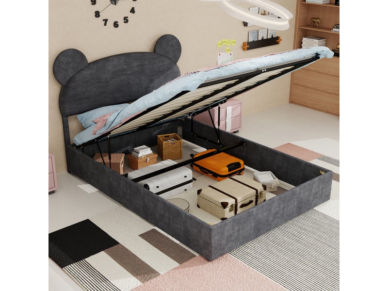  Lit enfant 140x200 cm coffre avec tête cartoon, métal, gris, sans matelas  - Conforama R
