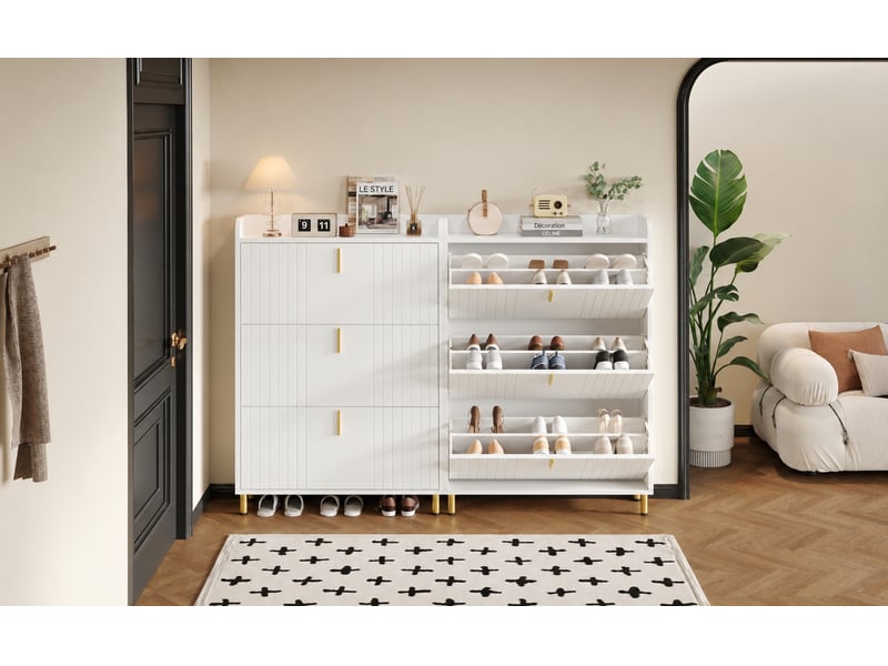 Meuble à chaussures blanc à 3 abattants, lot de 2 meubles étroits avec 6 compartiments et anti-basculement - Conforama C