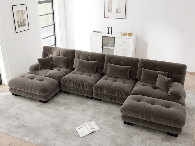  Canapé modulable en u 4 places avec ottomane en tissu marron  - Conforama B