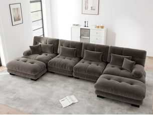 Canapé modulable en u 4 places avec ottomane en tissu marron