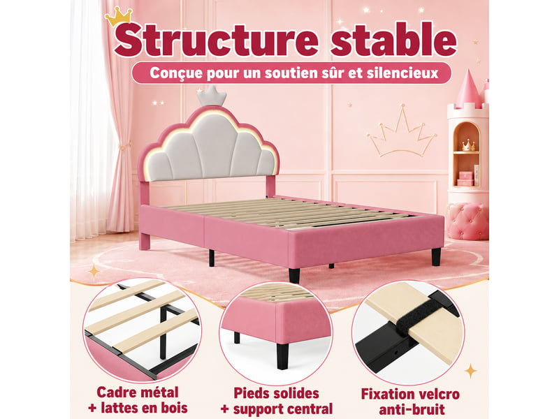  Lit pour enfant rembourré 140 x 200 cm,lit princesse avec tête de lit à couronne led, lit fille, réglage hauteur, velours rose  - Conforama R