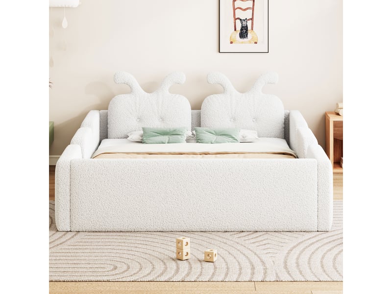 Lit enfant rembourré 140 x 200 cm avec tête de lit oreilles de lapin et barrières de sécurité, blanc - Conforama D