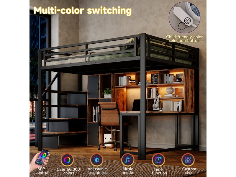Lit mezzanine 140x200 cm avec bureau intégré, escalier rangement, étagères, armoires et éclairage led, structure métal et mdf - noir - Conforama E