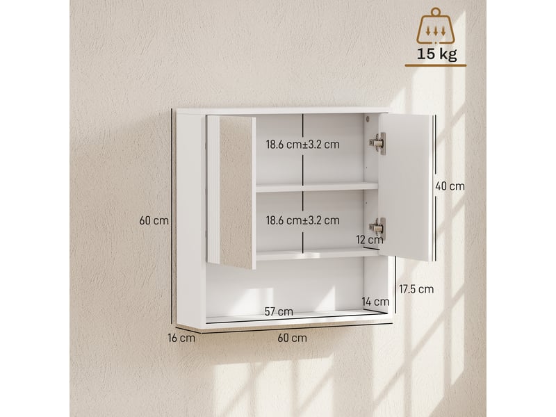  Armoire de salle de bain murale blanche, double miroir et étagère réglable, 60 x 16 x 60 cm  - Conforama E