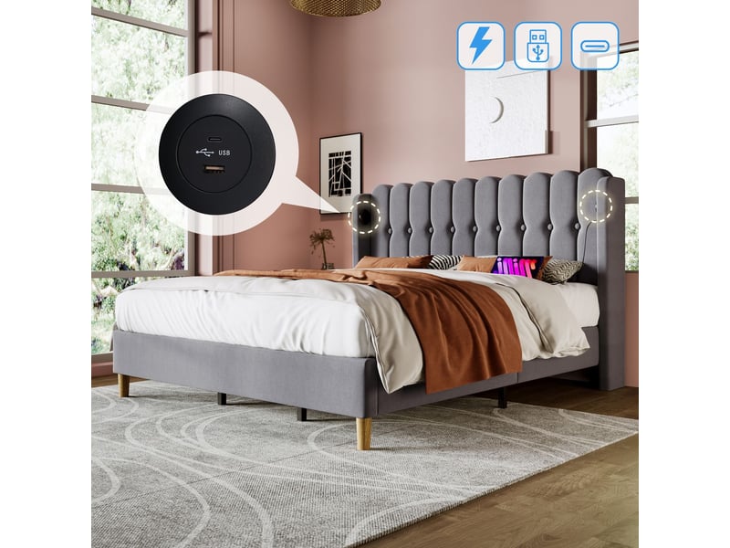 Lit rembourré 180x200cm lin gris avec tête de lit et ports usb type-c - lit adulte - sommier à lattes inclus, design pour chambre - Conforama D
