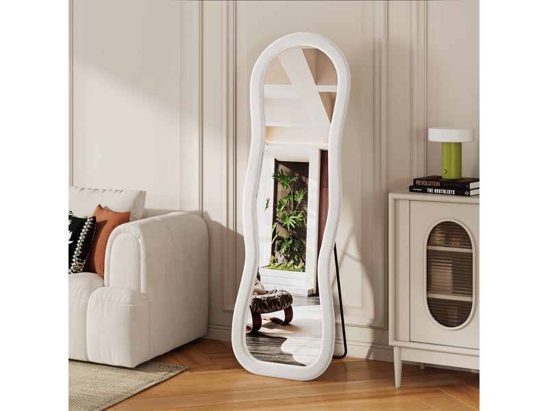 Miroir pleine longueur ondulé au sol, 160×50 cm, cadre bouclette blanc, pose murale ou sur pied - Conforama D