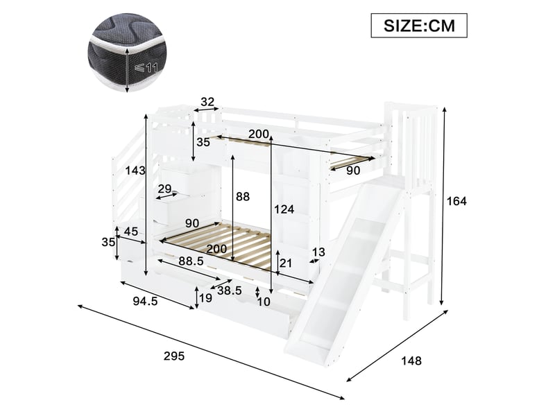Lit superposé enfant 90x200 cm blanc avec toboggan, rangements et étagère - Conforama C