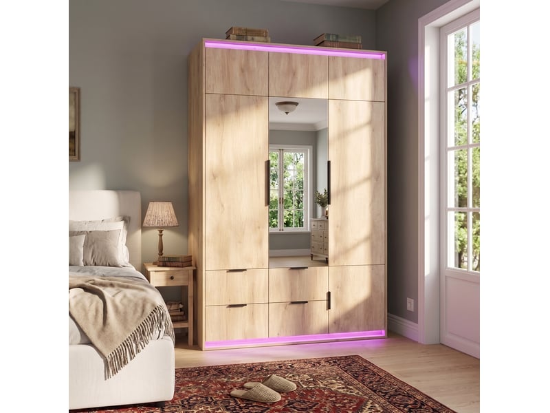  Armoire 3 portes avec miroir et éclairage led, 4 tiroirs, 135x47x200 cm, chêne  - Conforama W