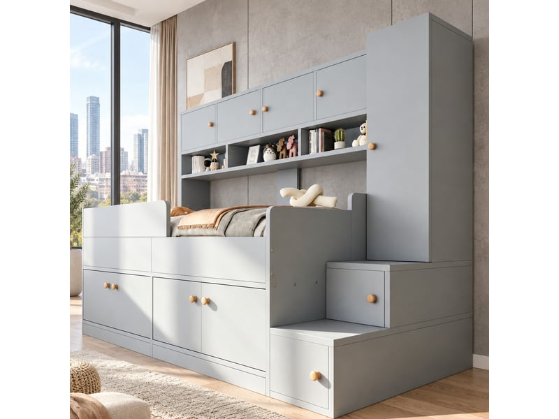  Lit combiné enfant 90x200 cm gris, armoire avec penderie, placards, tiroirs, étagères, escalier de rangement et led LDB00516AAE - Conforama D