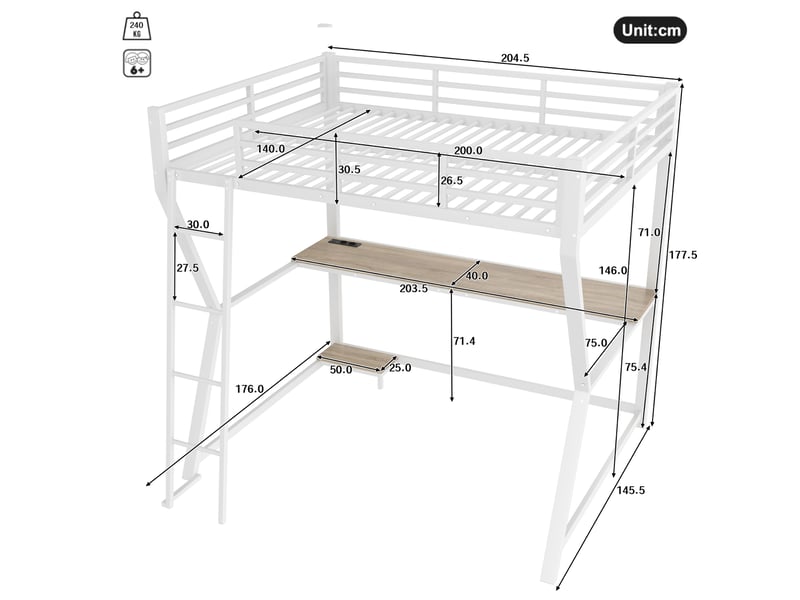  Lit mezzanine 140 x 200 cm avec bureau, led, prises usb et escalier blanc  - Conforama C