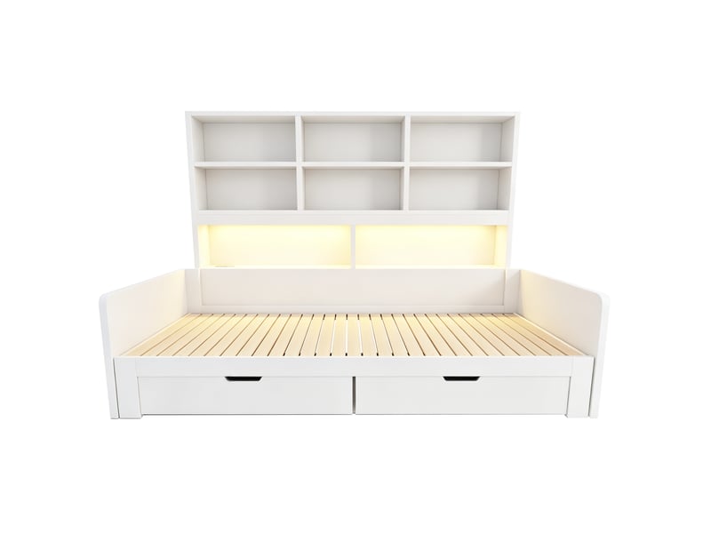  Lit jeune, lit gigogne 90180x200 cm avec rangement, led et prises, mdf couleur blanc  - Conforama E