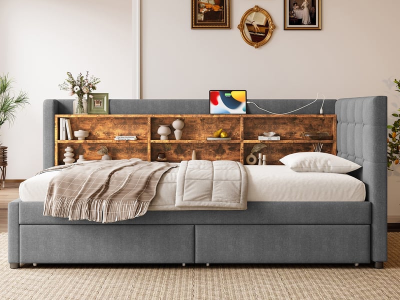  Lit de repos, 90 x 200 cm, canapé-lit, avec 2 tiroirs, ports de charge, multiples espaces de rangement, revêtement en lin, gris  - Conforama B