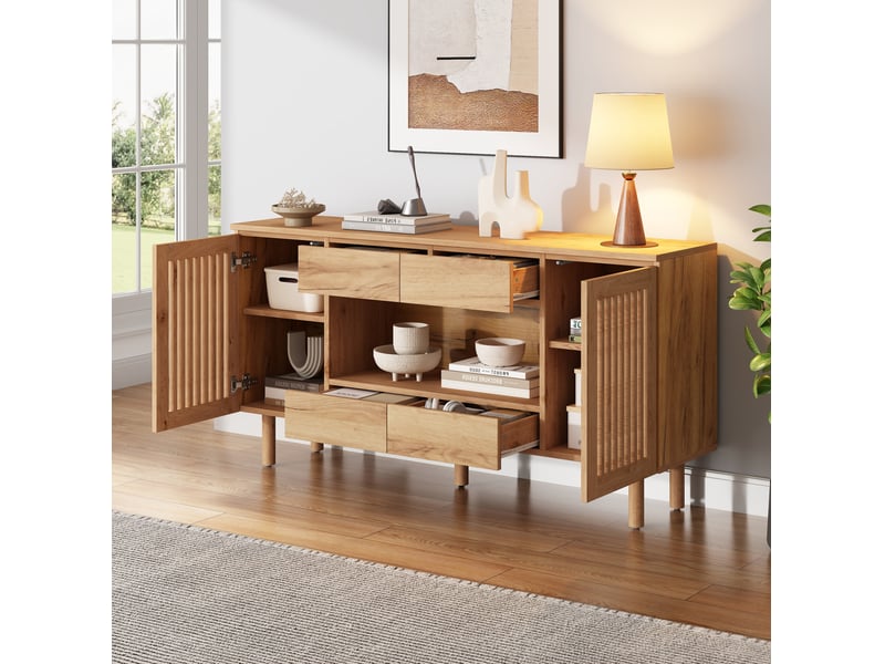 Buffet 140x35x71 cm avec 4 tiroirs et 2 portes coloris bois naturel - Conforama D