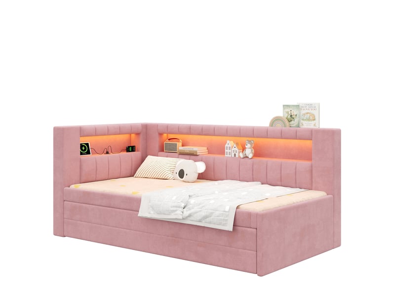  Lit banquette simple 90×200 cm, lit gigogne, 3 tiroirs, led réglable et usb - okmyhome- rose, sans matelas  - Conforama A