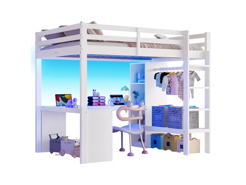 Lit surélevé 140x200 cm avec led et port usb-c garde-corps et rangements, lit enfant avec sommier à lattes en mdf et pin blanc - Conforama A