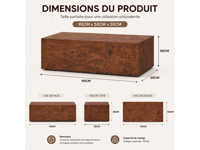  Table basse minimaliste en mdf – finition noyer, 90 x 50 x 30 cm  - Conforama D