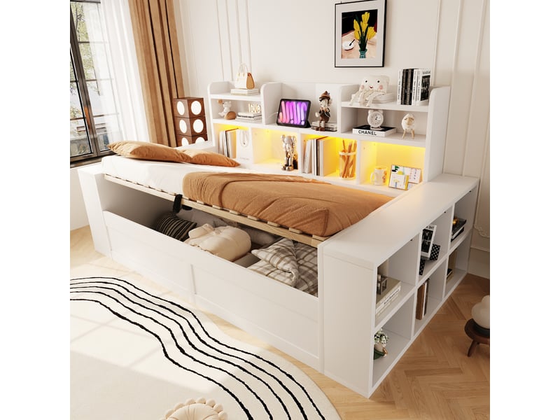  Lit banquette simple 90×200 cm avec coffre hydraulique, led et prise - okmyhome- blanc, sans matelas, mdf  - Conforama C