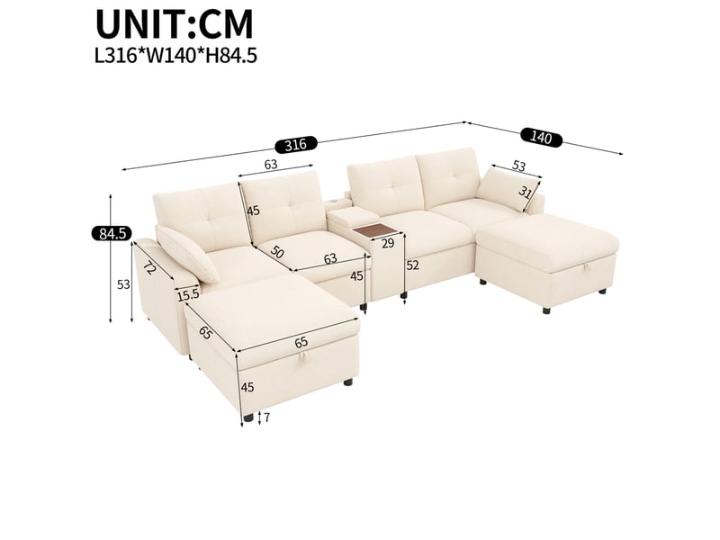 Canapé d'angle modulaire 6 places ul, 2 tabourets de rangement, console centrale avec rangement, tiroir coulissant et porte-gobelets rétractables, usb et type-c, chenille, beige - Conforama E