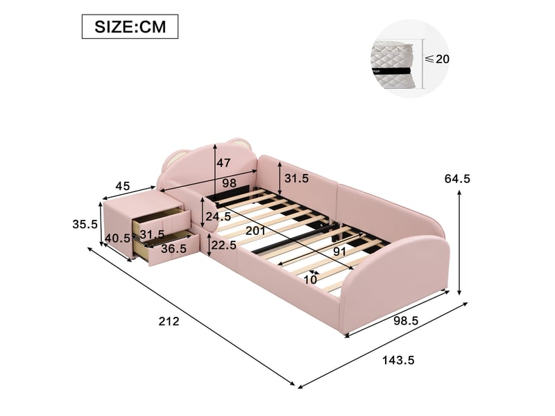  Lit simple 90x200 cm rose en pu avec tête de lit ourson et table de chevet  - Conforama C