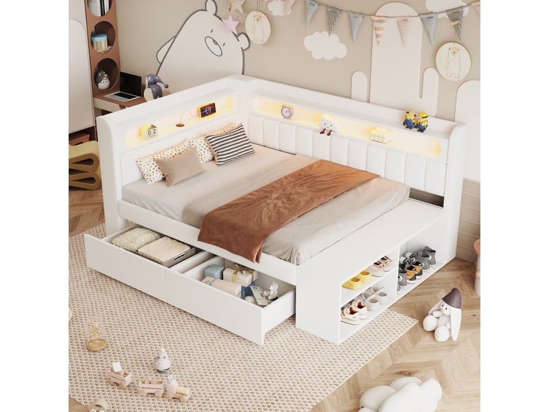  Canapé lit matelassé 90x200 cm avec port usb, bande led, rangement chaussures et 2 tiroirs, blanc  - Conforama D
