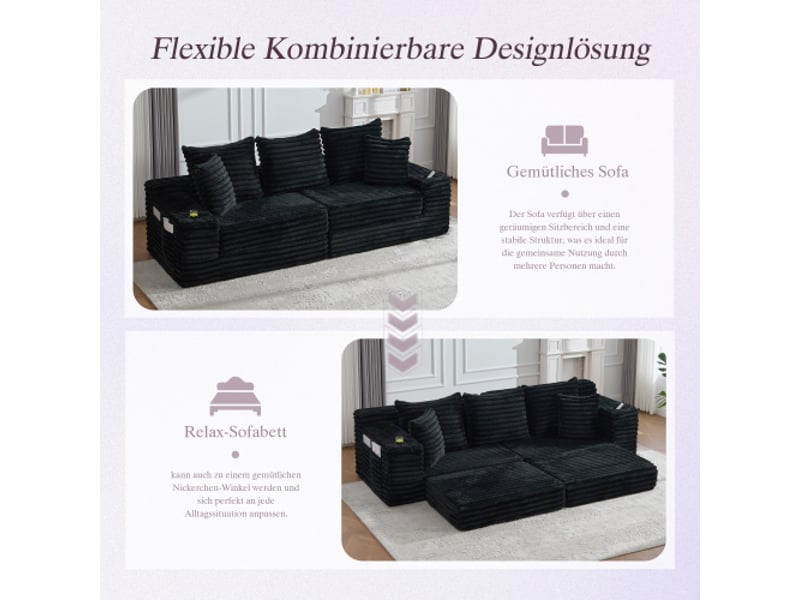  Canapé velours noir, dossier haut, convertible en lit – poches et porte-gobelets, confort  - Conforama E