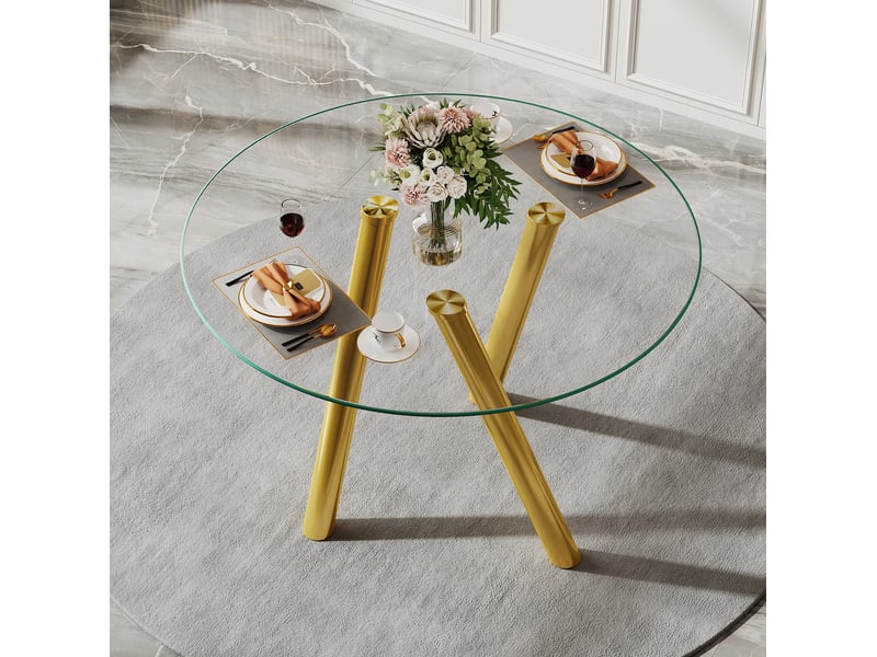 Table de salle à manger ronde fixe en verre trempé avec pieds en métal doré, finition brillante, 89 × 89 × 76 cm - Conforama D