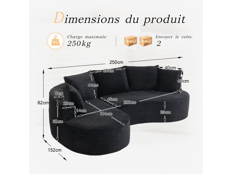 Canapé arrondi en velours côtelé avec deux porte-gobelets intégrés, 5 places, noir - Conforama C