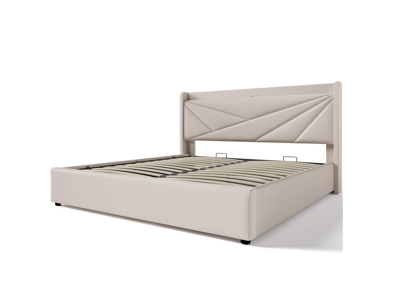  Modenvie lit coffre 140x200 cm - avec matelas, ports usb et usb-c, tête de lit géométrique - beige  - Conforama A
