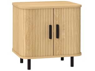 Table de chevet 48x40x48 cm à portes coulissantes, style nordique, panneau de particules et métal, chêne clair