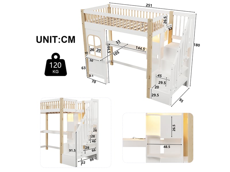  Lit mezzanine enfant 90x200 cm avec bureau, rangements, led, blanc et naturel  - Conforama C