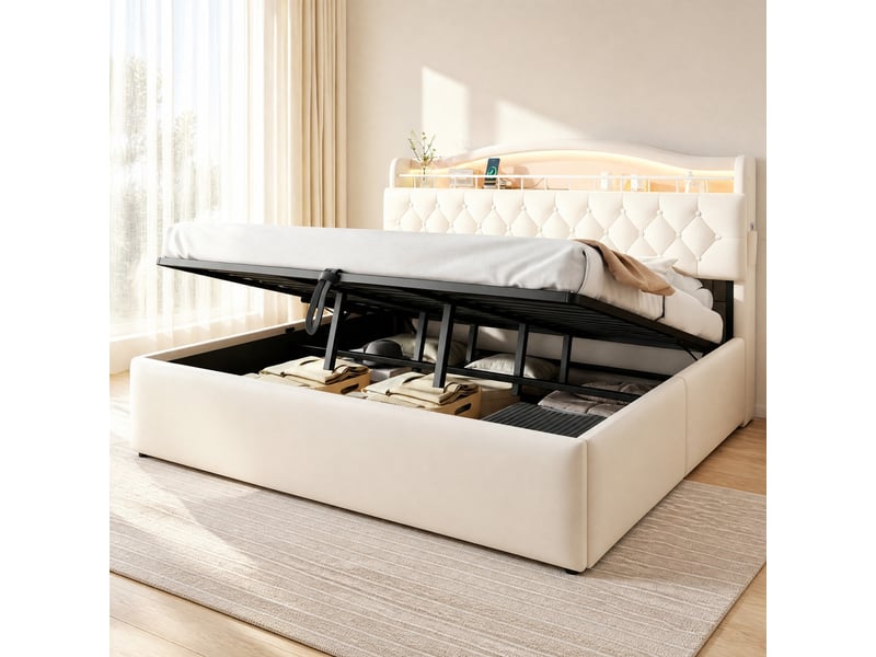Lit coffre hydraulique 180x200 cm, led usb usb-c, rangements tête de lit, velours et métal, beige sans matelas - Conforama B