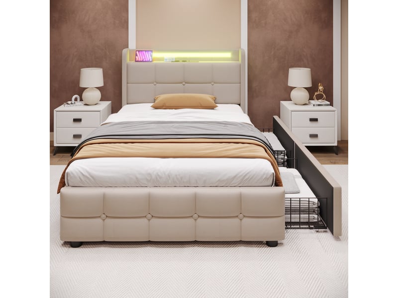 Lit simple coffre avec tête de lit usb, led, lin beige, 90x200 cm, 2 tiroirs, sommier inclus - Conforama B