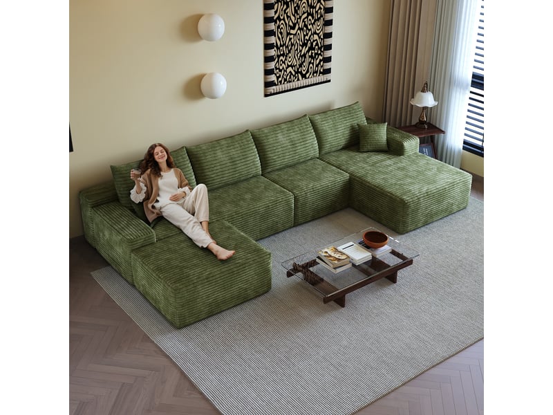 Canapé d'angle modulable 340 cm avec méridienne en l, canapé 5 places vert en velours côtelé, assise profonde - Conforama B