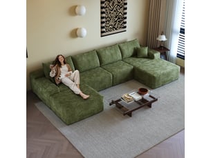 Canapé d'angle modulable 340 cm avec méridienne en l, canapé 5 places vert en velours côtelé, assise profonde