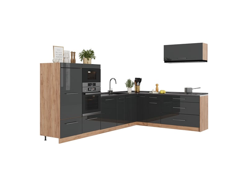 Vicco cuisine en angle, anthracite haute brillancechêne de force doré, 327x60cm, pt anthracite - Conforama E