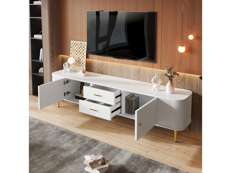  Meuble tv avec 2 portes et 2 tiroirs pour salon en mdf 170×34×45 cm blanc, poignées dorées  - Conforama D