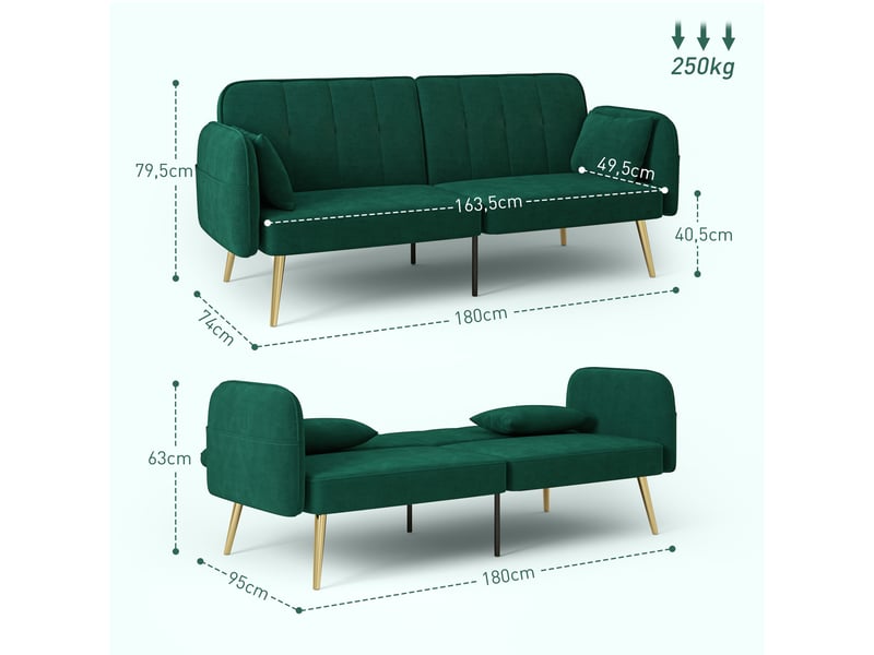  Canapé convertible 2 places canapé-lit canapé clic-clac en tissu velours avec réglable dossier, vert foncé  - Conforama C