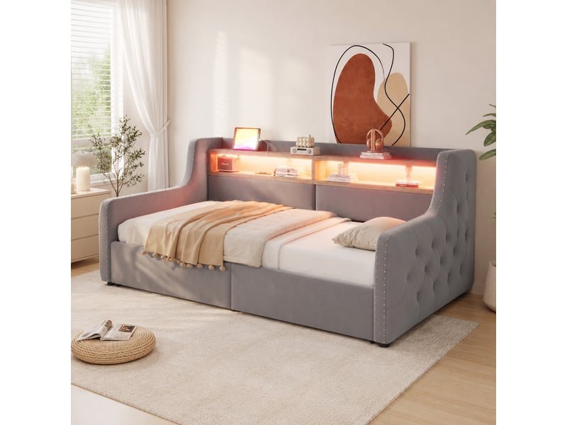  Lit coffre tcqpz 90 x 200 cm en velours gris avec led, rangement hydraulique, sommier à lattes, prises usb et type-c  - Conforama D