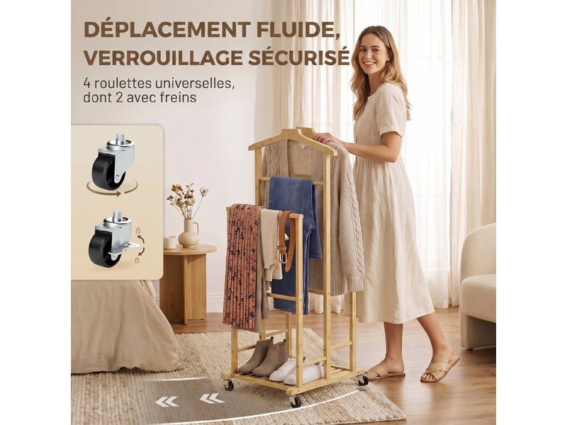  Valet de chambre à roulettes, portant à vêtements en bambou, cintres, barres de suspension, chêne, plateau et étagère  - Conforama R