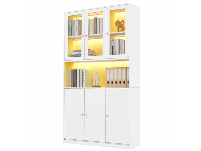  Bibliothèque avec vitrine vitrée 100×35×200 cm et éclairage led – meuble bibliothèque ouvert avec 3 portes, meuble à dossiers pour livres, blanc  - Conforama A