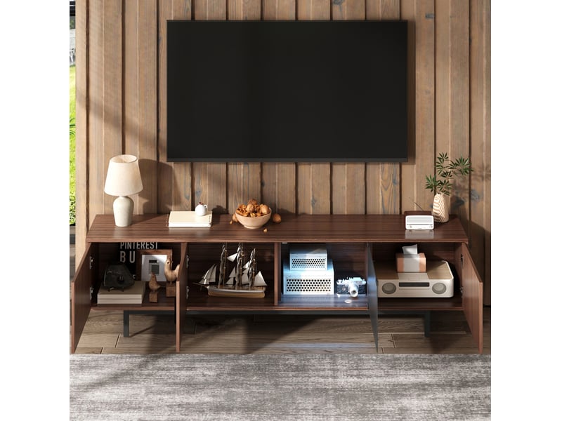 Meuble tv bas 200x35x53 cm led pilotable bluetooth, pilotage 16 appareils, portes verre, mdf particules, noir, noyer - Conforama R