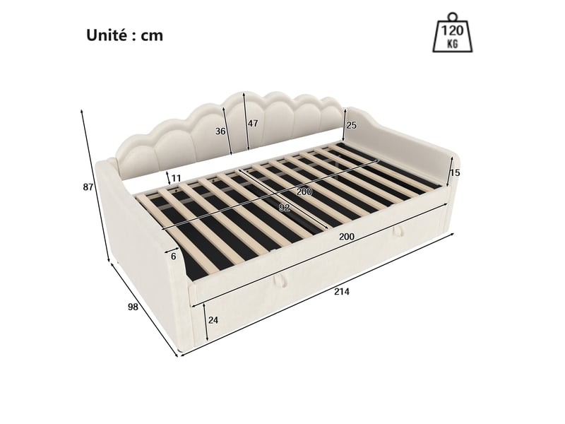  Lit coffre 90x200 cm - lit banquette avec coffre hydraulique et led multicolore - sans matelas - finition en velours - beige  - Conforama C