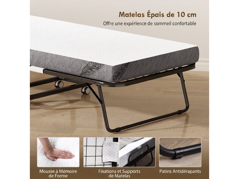 Lit pliant 1 personne 200 x 90 cm avec matelas, lit d'appoint pliable et portable sur roulettes, cadre en acier, blanc - Conforama E