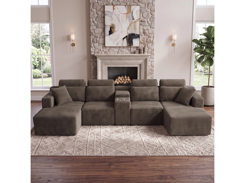  Canapé panoramique en u - 373x150x81cm - canapé modulaire velours côtelé avec porte-gobelets, assise profonde - kaki  - Conforama C
