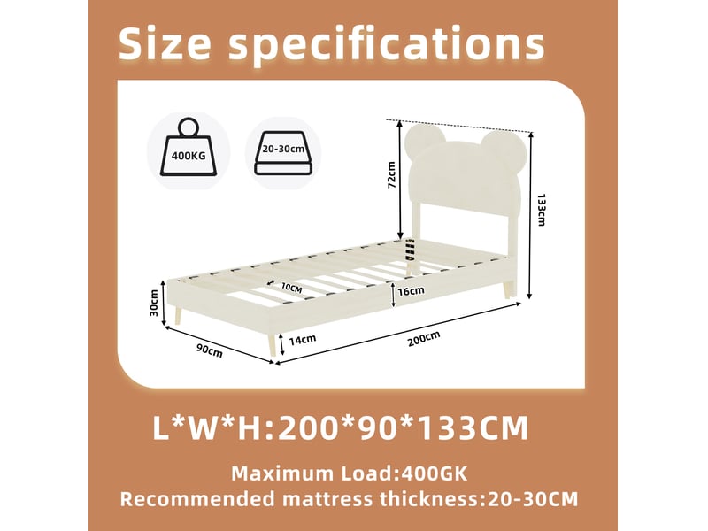  Lit enfant 90 × 200 cm 1 place avec rangement pneumatique, sans matelas, en tissu beige, tête de lit ludique  - Conforama D