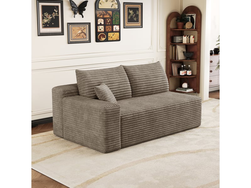 Canapé 2 places camel en velours côtelé, canapé confortable pour salon, assise en mousse haute élasticité, 151 x 90 x 58 cm - Conforama E