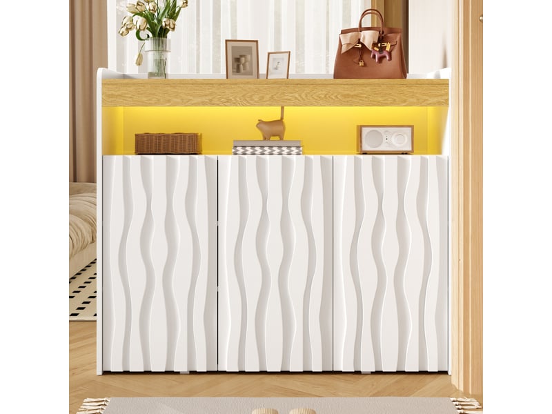  Buffet avec éclairage led 3 portes motif vague 105 cm blanc et naturel  - Conforama E