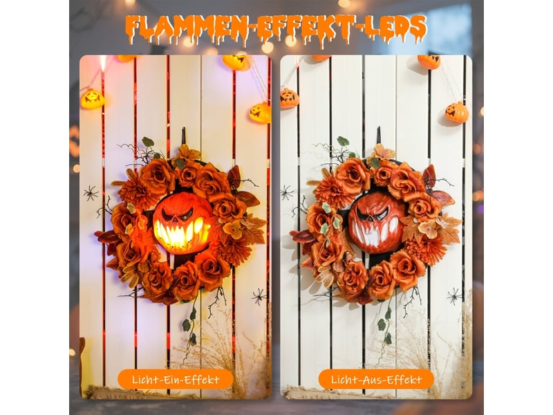  Couronne décorative d’halloween avec 44 led clignotantes, visage de citrouille, feuilles d’automne, orange  - Conforama E