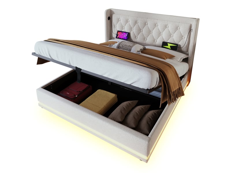 Lit double 160 x 200 cm beige en coton avec rangement hydraulique, led et matelas - Conforama A